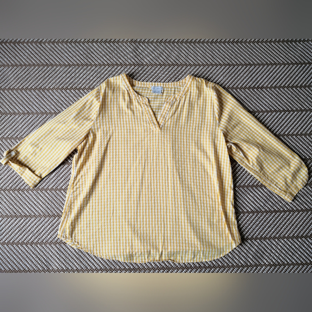 Van Heusen Yellow White Boxy Blouse 3/4 Sleeve Shirt
